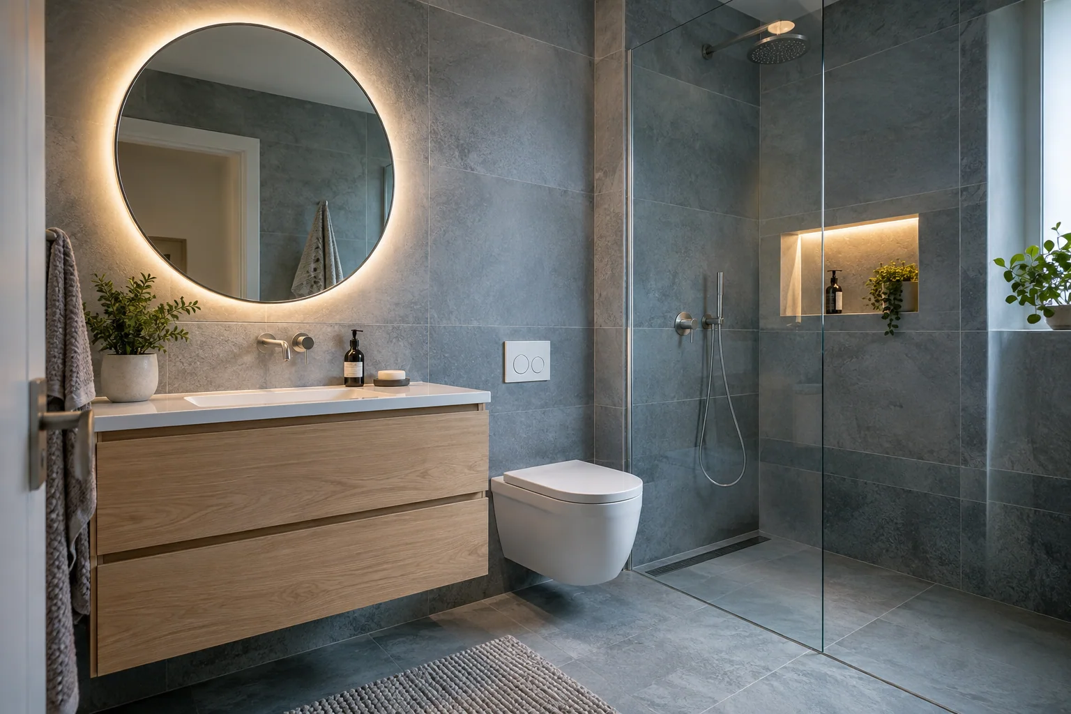 Illustrative renovated blue-grey bathroom and walk-in shower